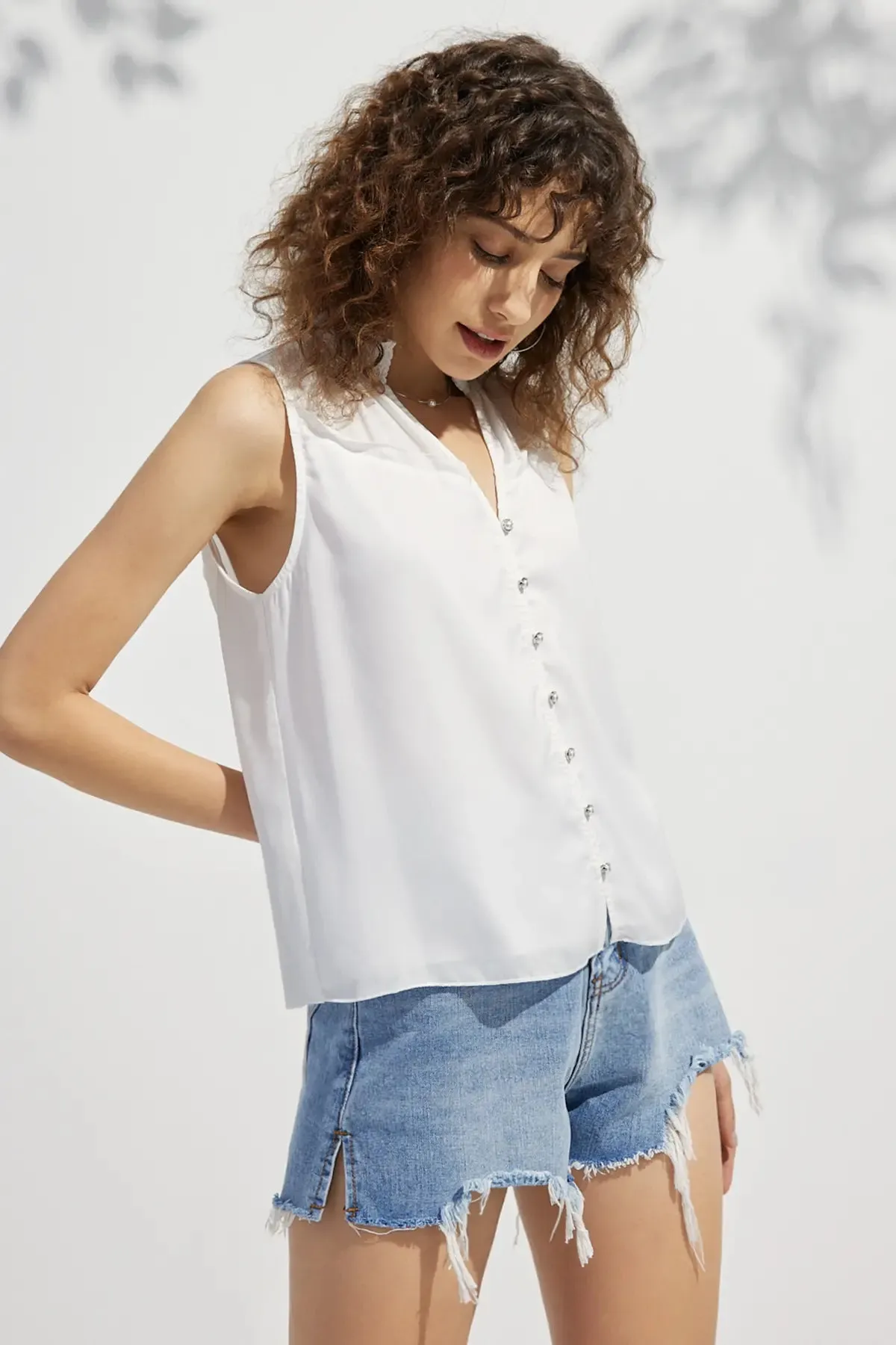 Vacation Plain Button Front Top