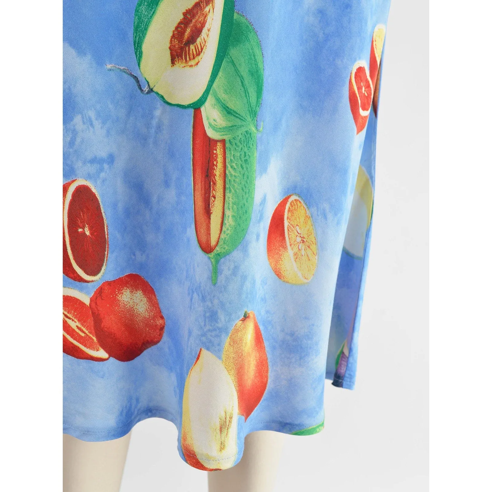 Vintage 90s Blue Fruit Print Elastic Waist Bias Cut Midi Skirt size Small