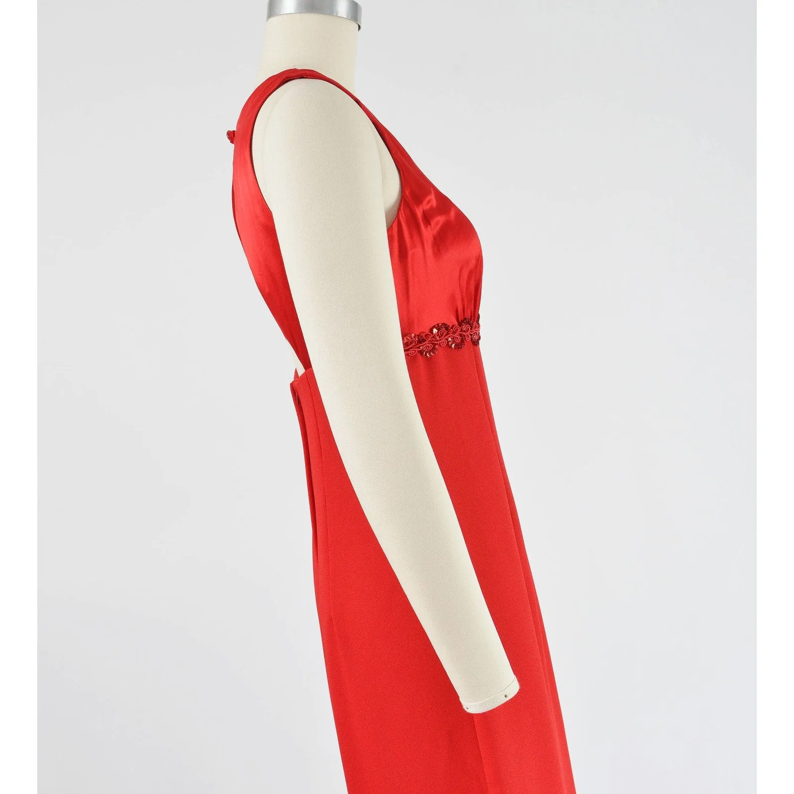 Vintage 90s Red Satin Empire Waist Open Back Sequin Maxi Dress XS S