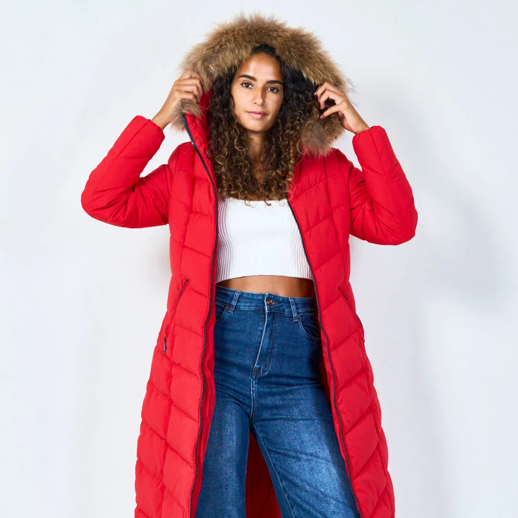 Warm padded coat with fur hood wholesale