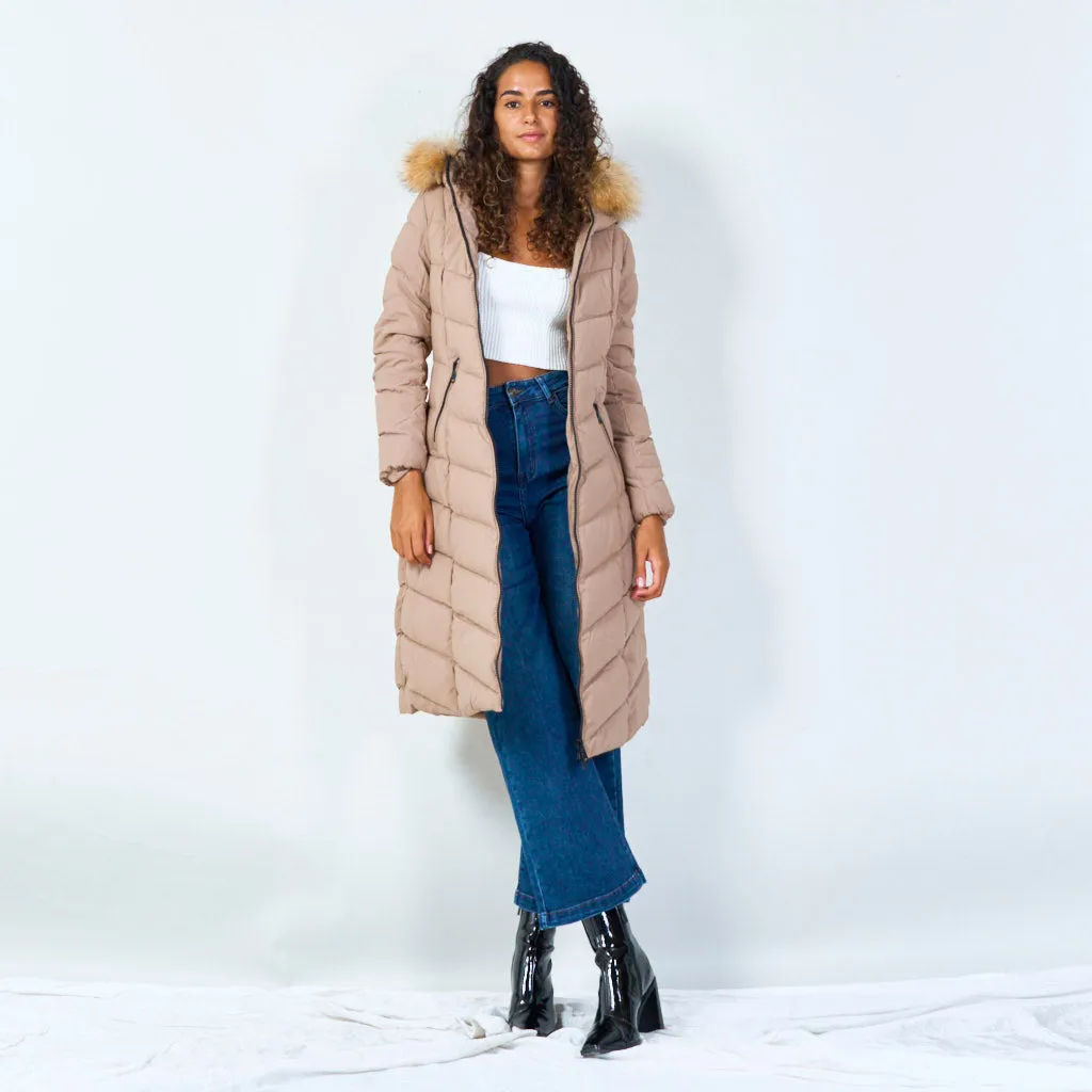 Warm padded coat with fur hood wholesale