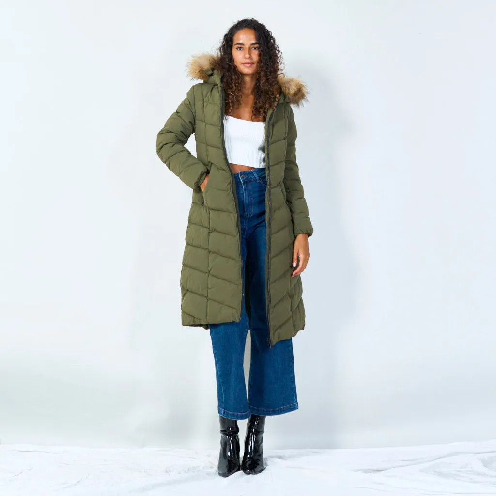 Warm padded coat with fur hood wholesale