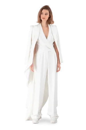 White Satin Crepe Tuxedo Jumpsuit