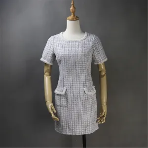 Women's Custom Made Hand Sewn Pearls Fitted Tweed Dress with Pockets