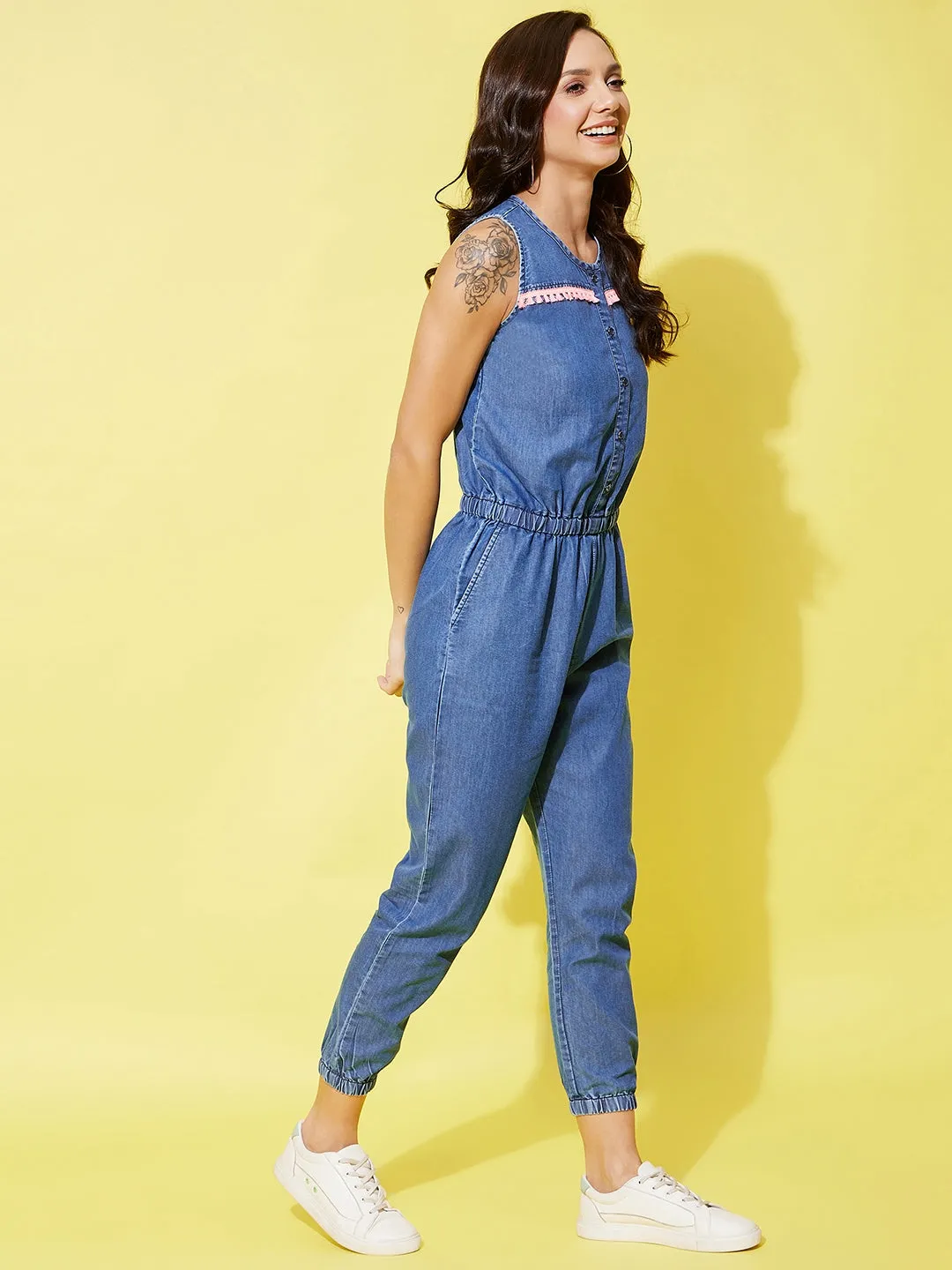 Women's Denim Jumpsuit With Neon Lace Insert - StyleStone
