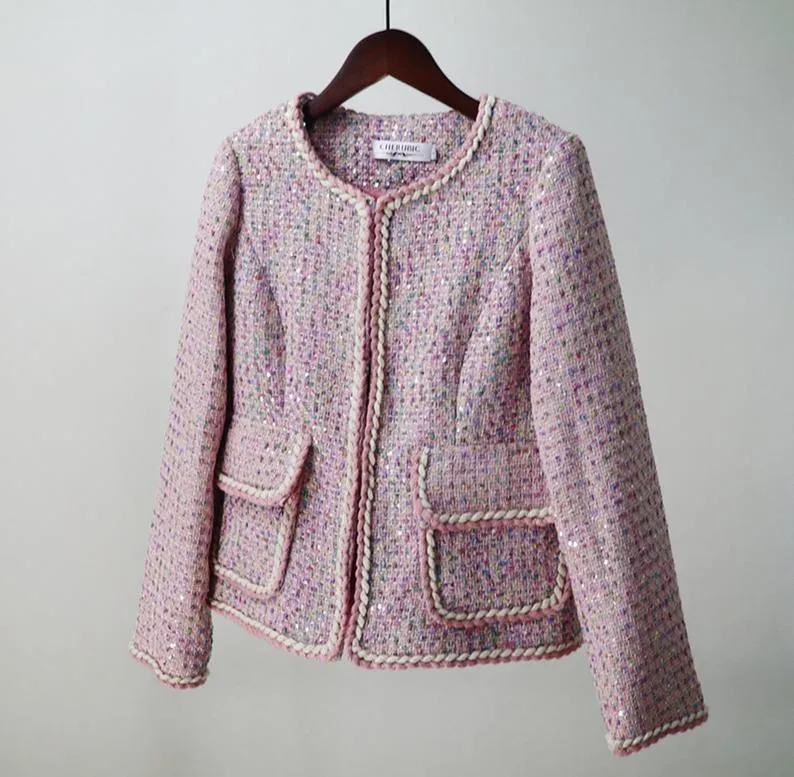 Women's Designer Inspired Big Pockets Custom Made Sequined Tweed Shorts/Skirt Suit Pink