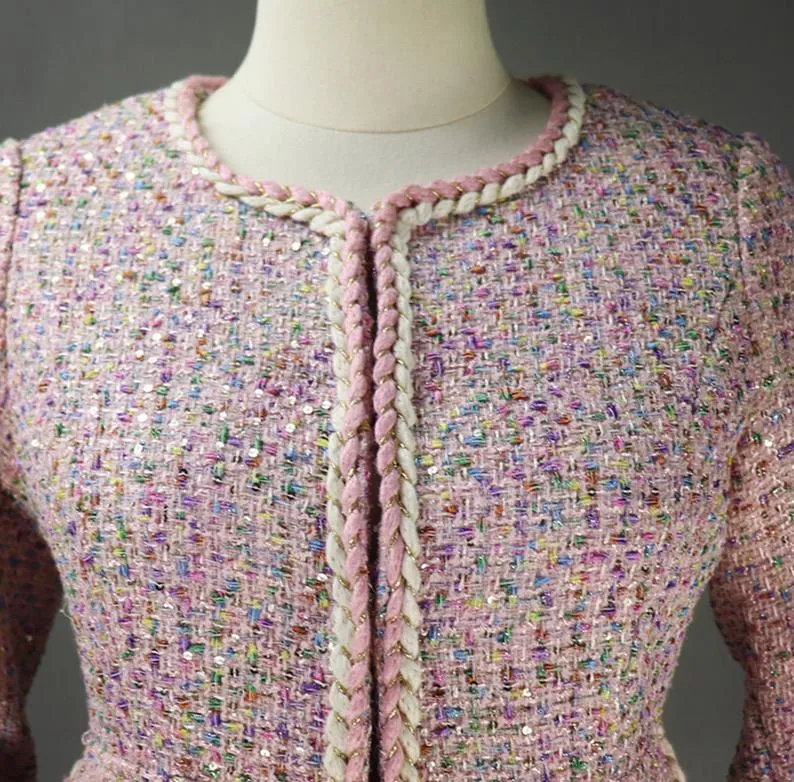Women's Designer Inspired Big Pockets Custom Made Sequined Tweed Shorts/Skirt Suit Pink