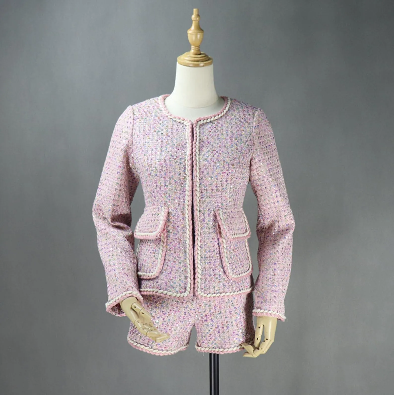 Women's Designer Inspired Big Pockets Custom Made Sequined Tweed Shorts/Skirt Suit Pink
