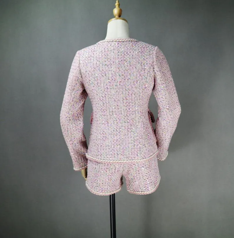 Women's Designer Inspired Big Pockets Custom Made Sequined Tweed Shorts/Skirt Suit Pink