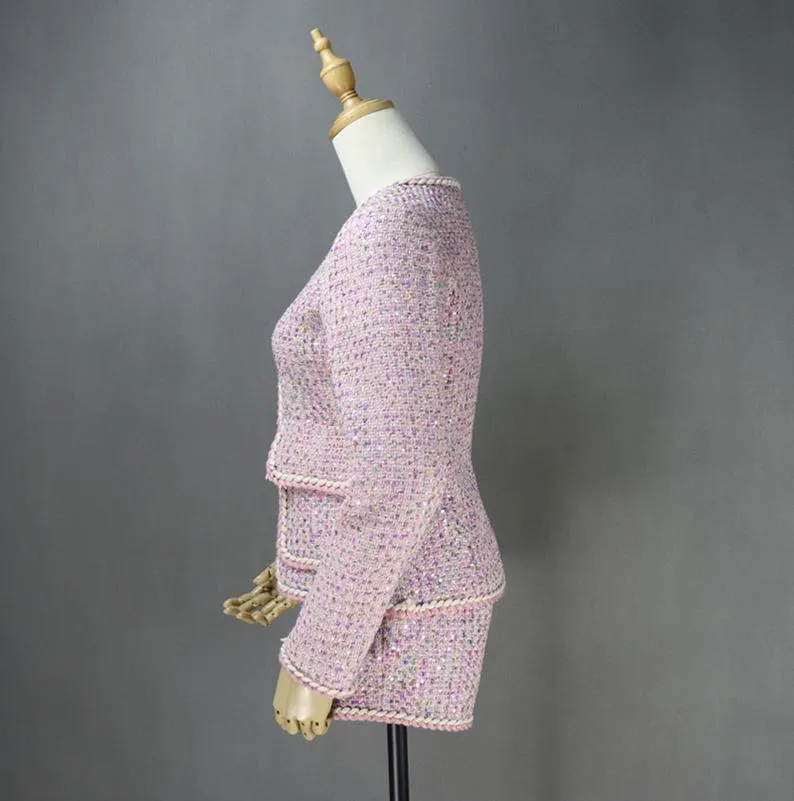 Women's Designer Inspired Big Pockets Custom Made Sequined Tweed Shorts/Skirt Suit Pink
