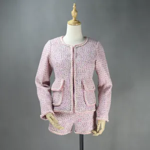 Women's Designer Inspired Big Pockets Custom Made Sequined Tweed Shorts/Skirt Suit Pink