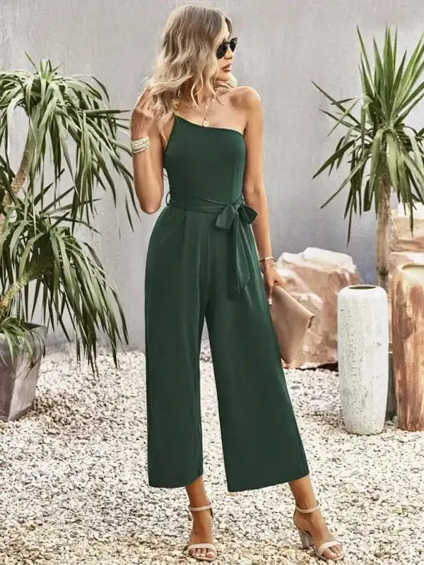Women’s solid color one-shoulder tie jumpsuit