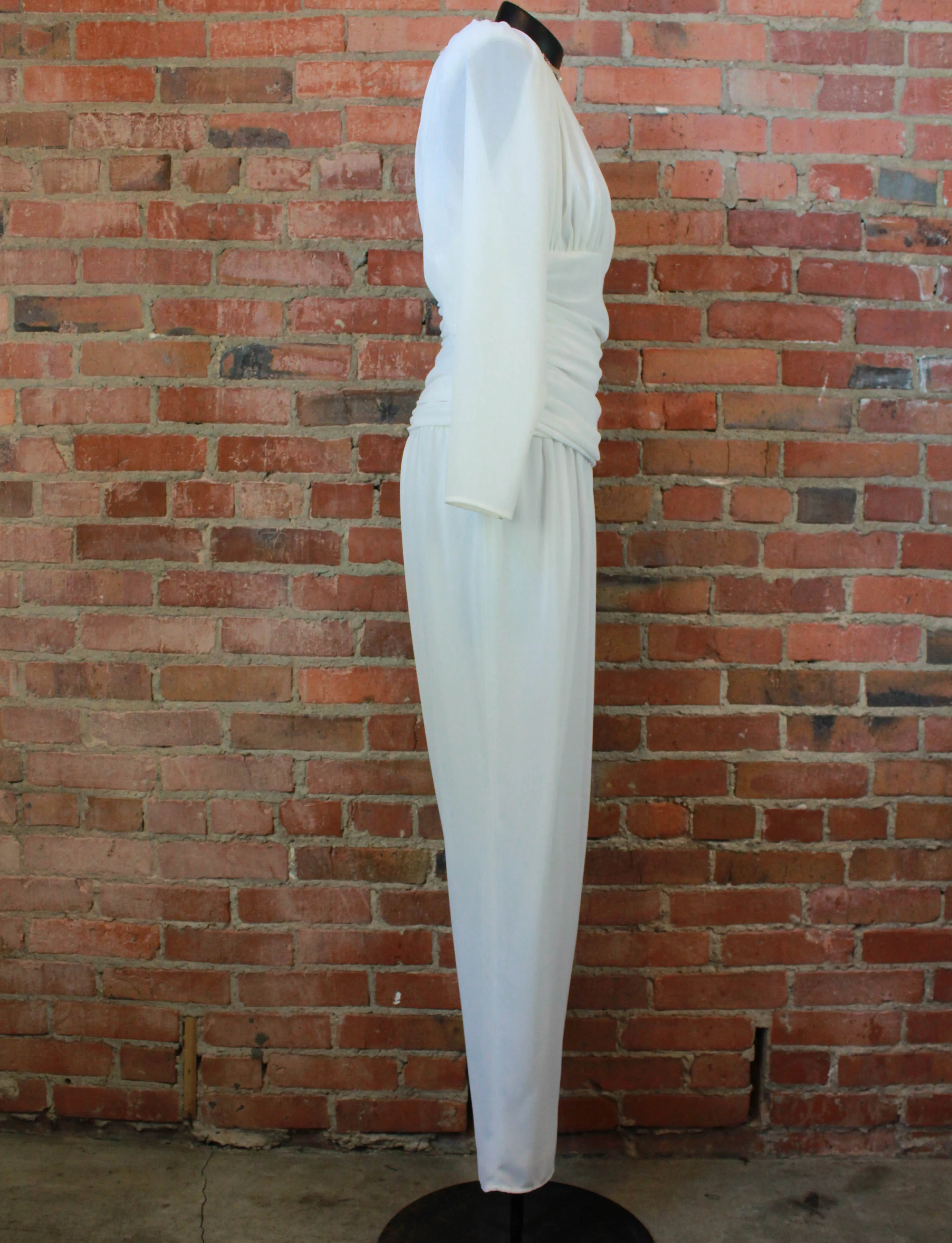 Women's Vintage 80's Elatra Jumpsuit Polyester Beaded Collar White Small/Medium