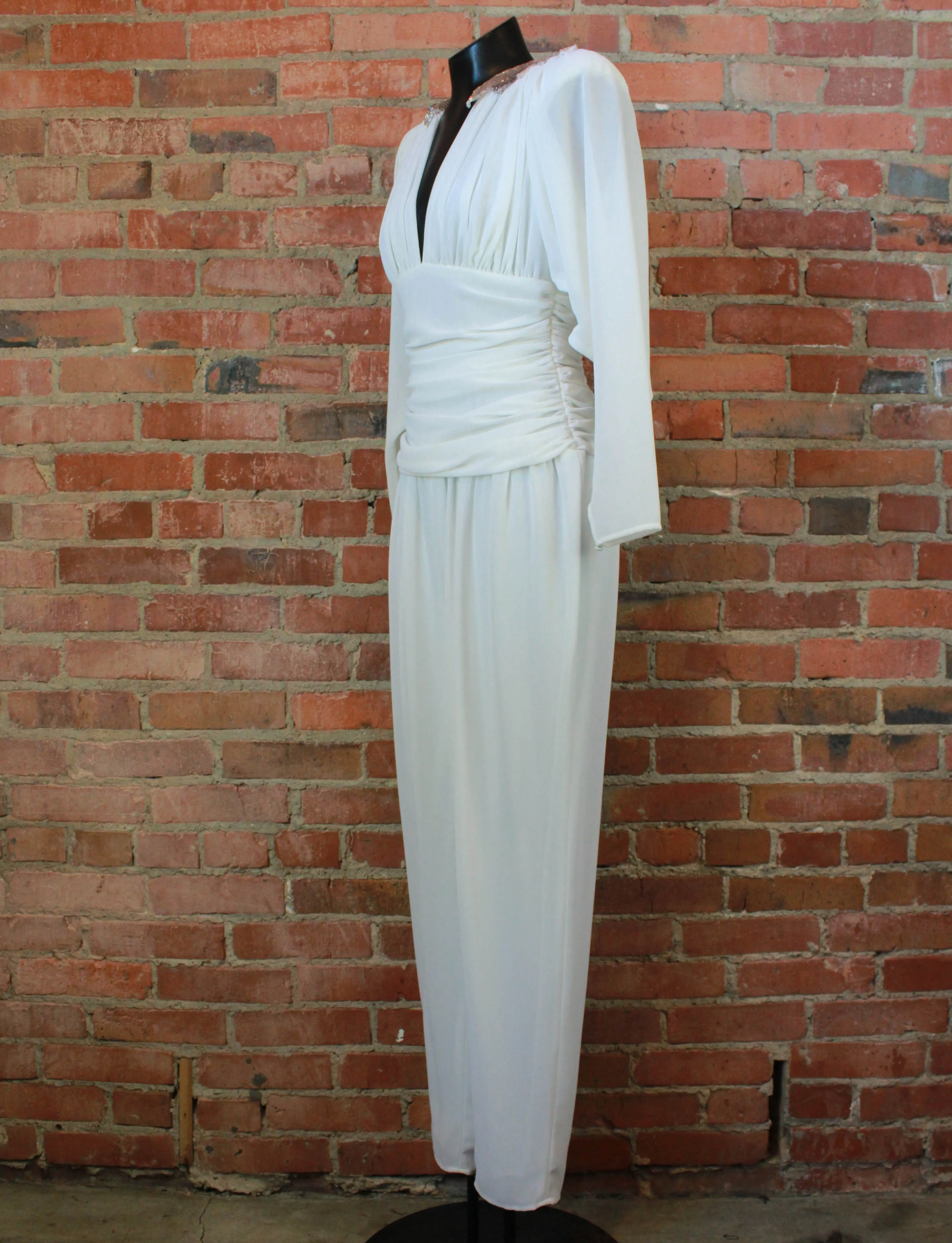 Women's Vintage 80's Elatra Jumpsuit Polyester Beaded Collar White Small/Medium