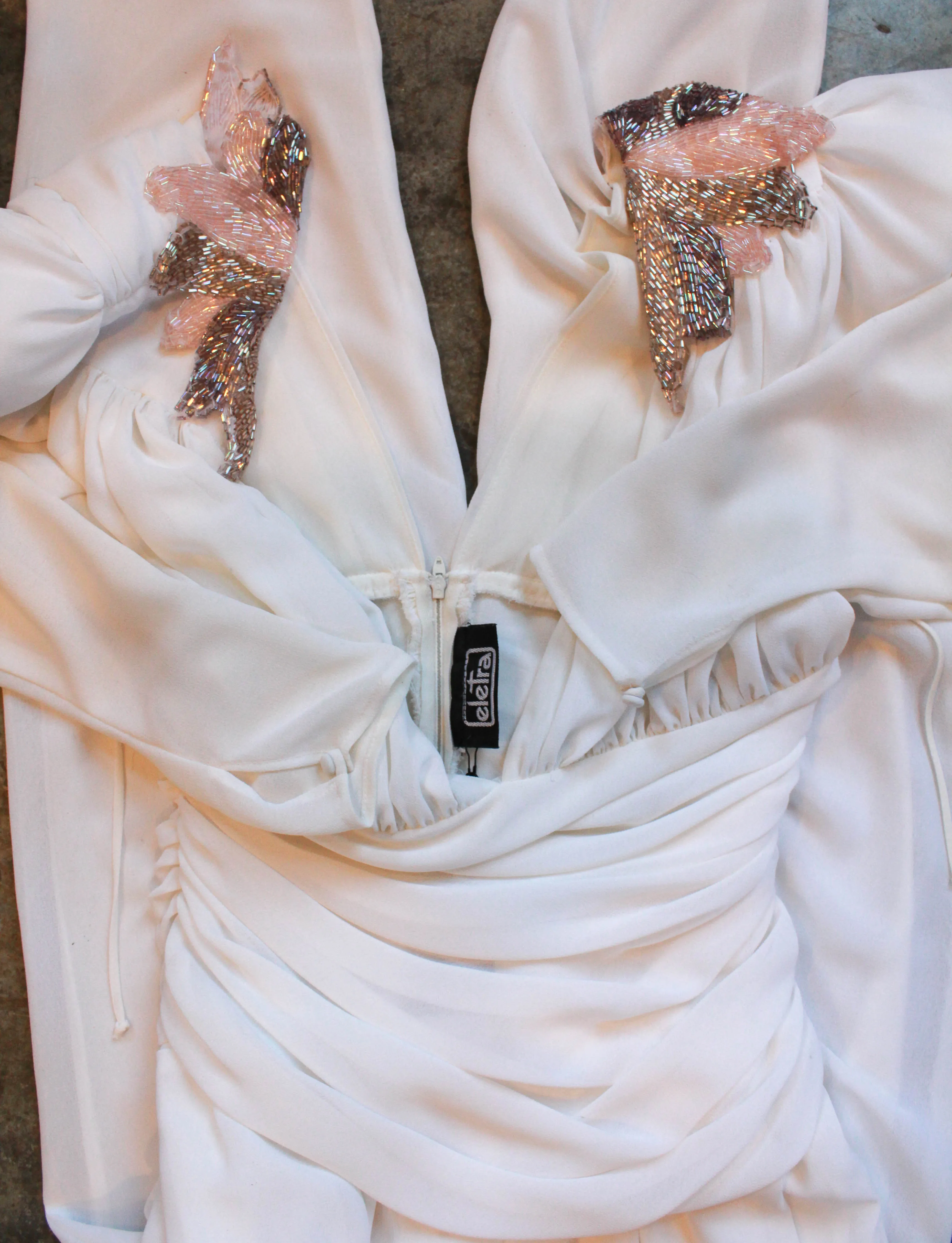 Women's Vintage 80's Elatra Jumpsuit Polyester Beaded Collar White Small/Medium