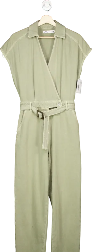 ZARA Khaki Cotton Utility Jumpsuit UK XS