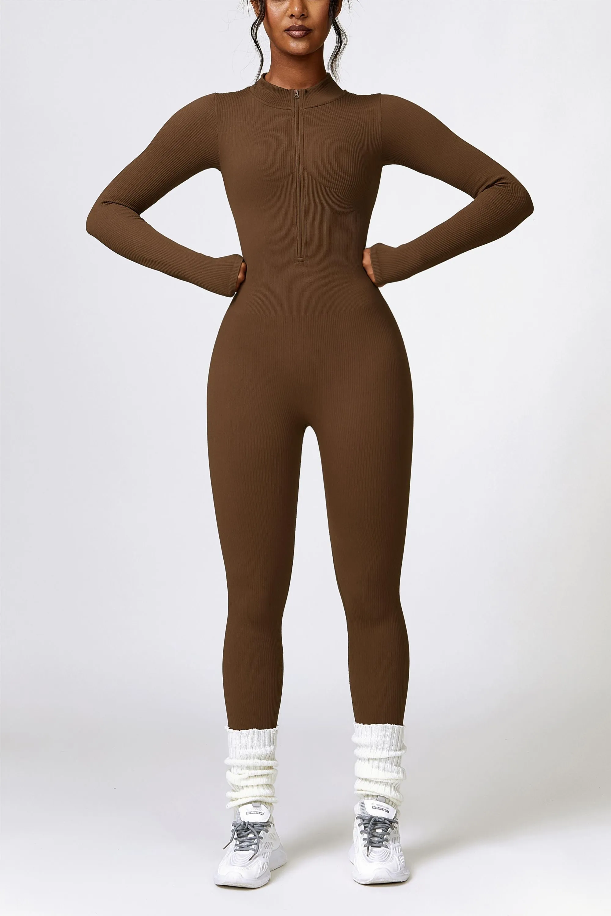 ZipFlex Ribbed Long-Sleeve Active Jumpsuit