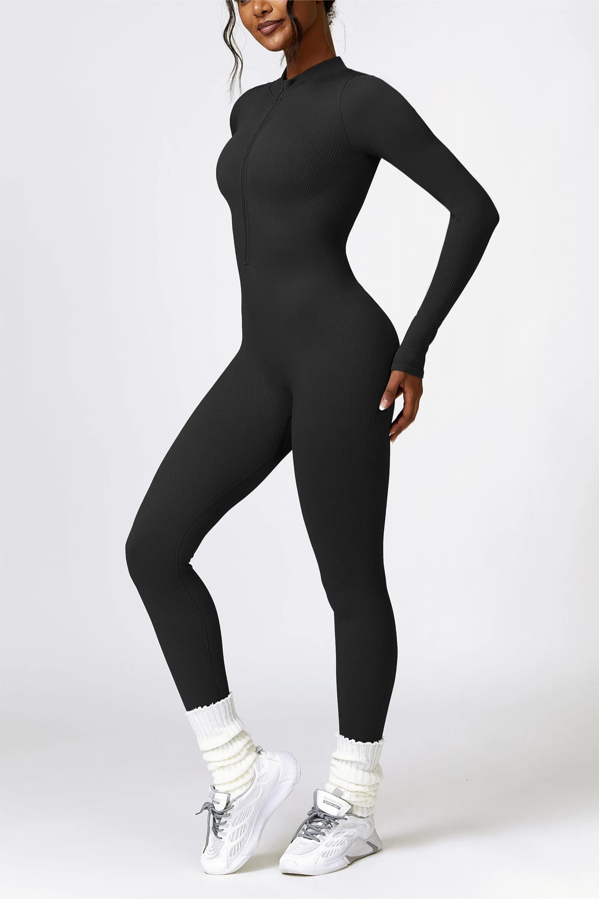 ZipFlex Ribbed Long-Sleeve Active Jumpsuit