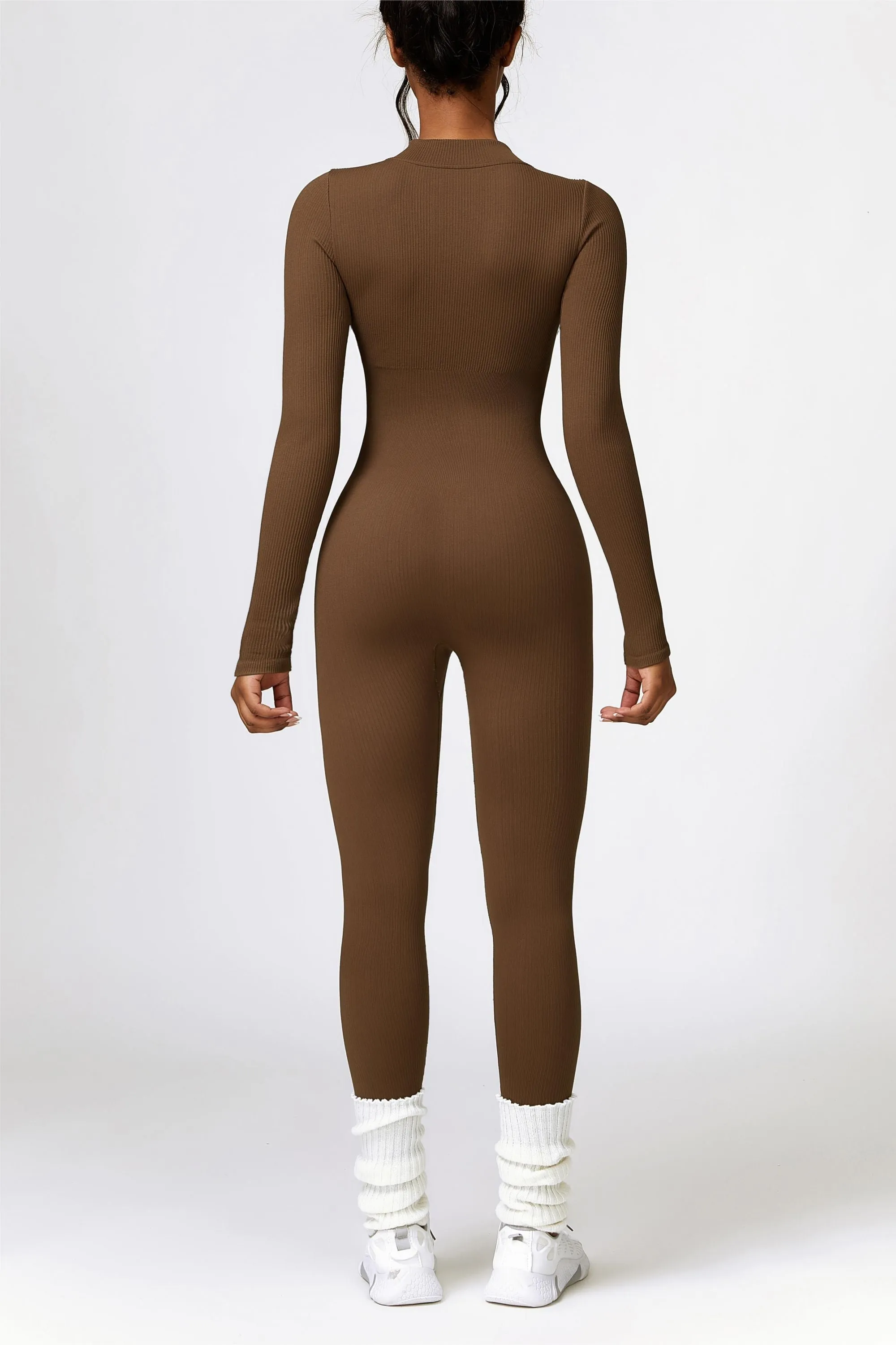 ZipFlex Ribbed Long-Sleeve Active Jumpsuit