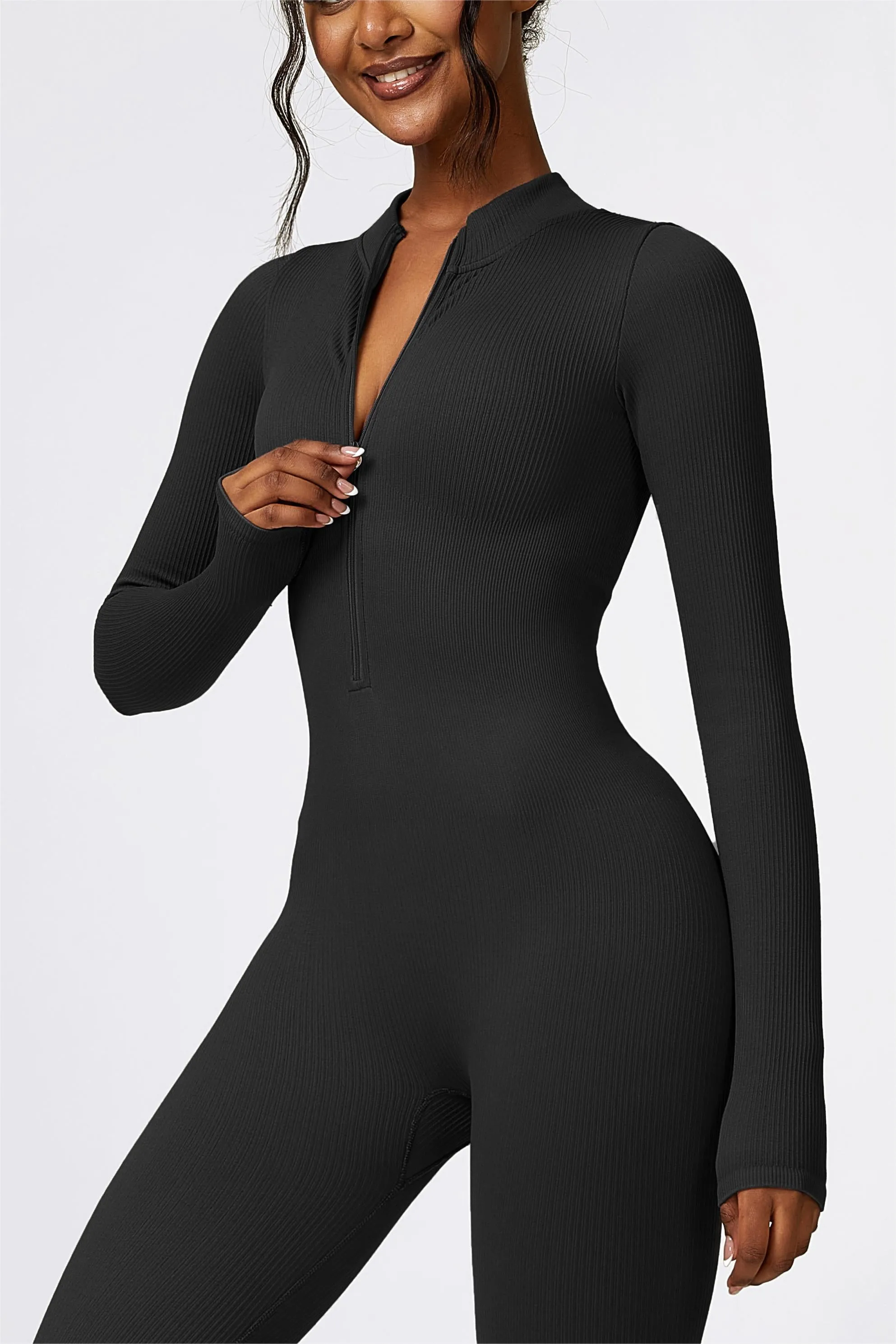 ZipFlex Ribbed Long-Sleeve Active Jumpsuit